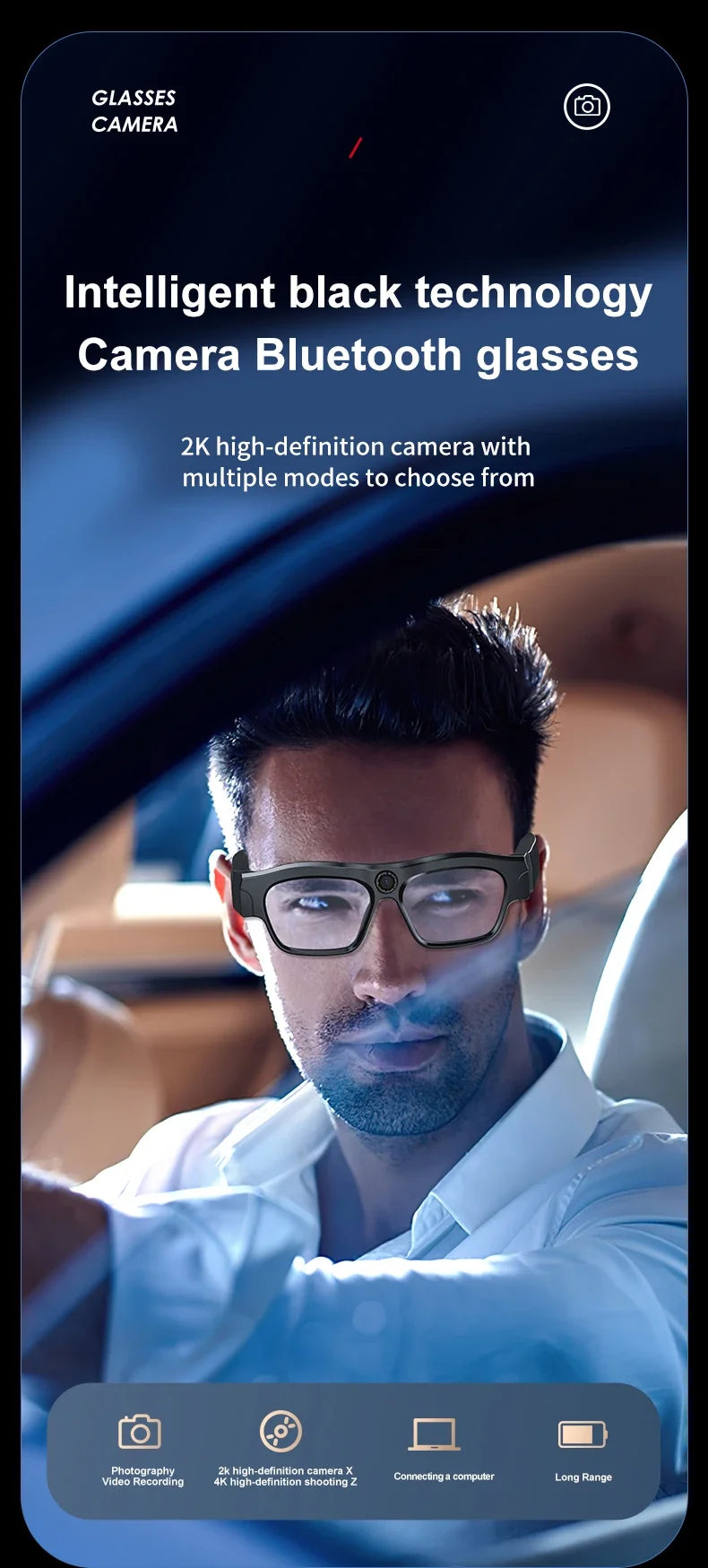 New 2K/4K High-definition Sports Camera Glasses for Video Recording Outdoor Sports Sunglasses with Bluetooth Call Smart Glasses
