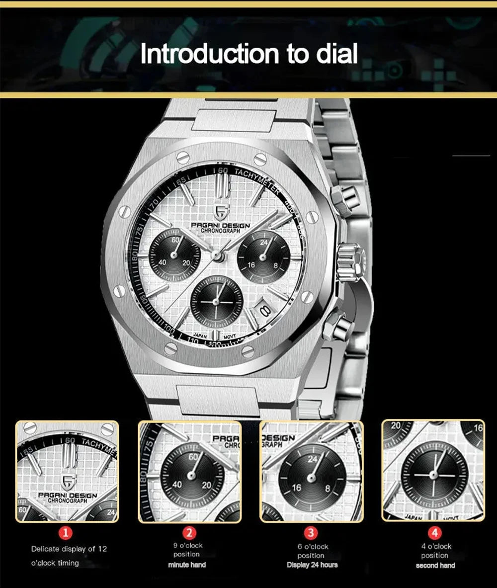 PAGANI DESIGN New VK63 Men'S Quartz Watch 40mm Sapphire Stainless Steel Waterproof 20bar Luminous C3 Sports Chronograph