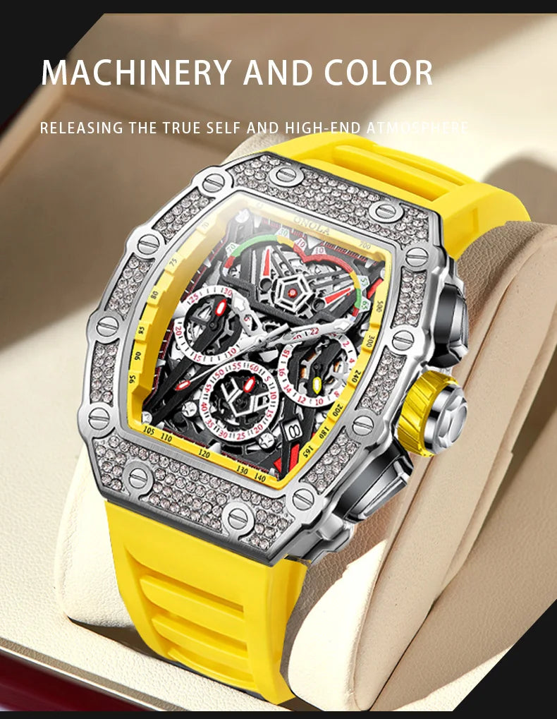 2022 New Men's Automatic Mechanical Watch ONOLA Fashion Unique Luxury Diamond Inlaid Design Waterproof Silicon Tape Watches Men