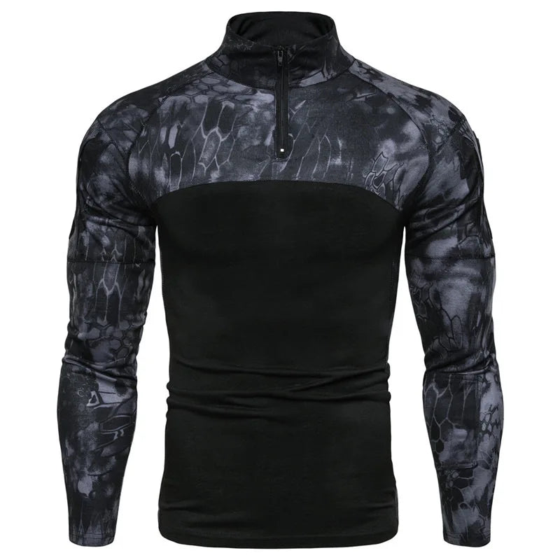 Men's Military Camouflage Outdoor Stretch Fitness Long Sleeve T-shirt with Zipper Pocket Men's Clothing