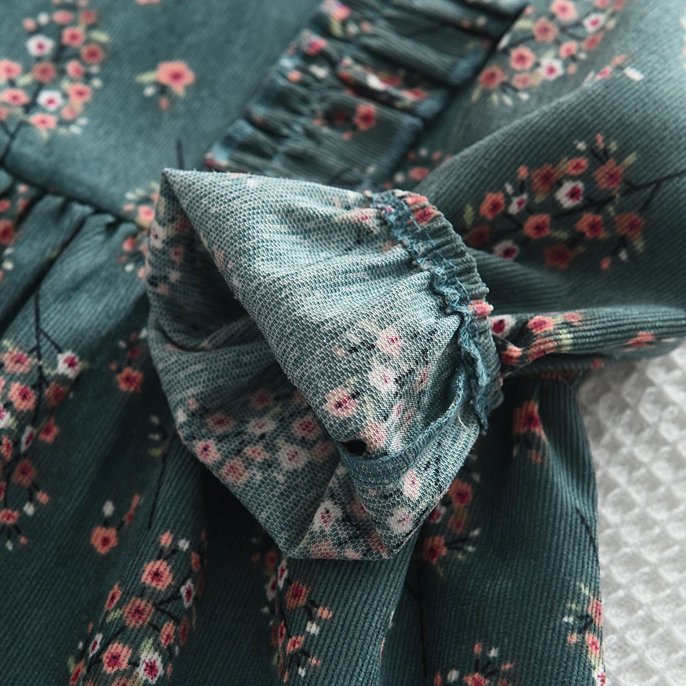 Girls' Dress 2023 Autumn New Girls' Round Neck Ruffled Flower Print Long Sleeve Dress Children's Fashion Dress