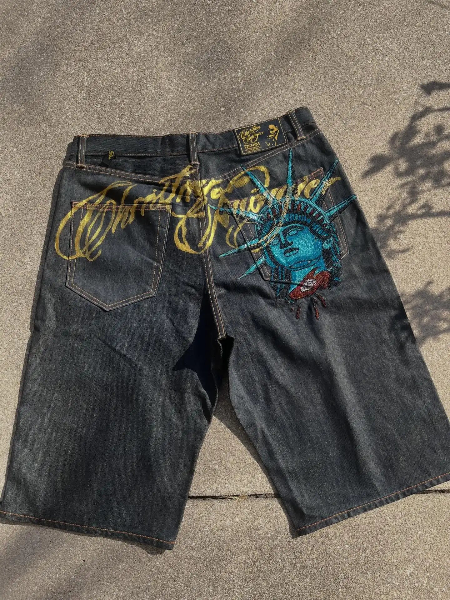 Vintage Statue Liberty Sequin Rhinestone Denim Short Jeans Women Loose Retro 2000s Streetwear Denim Fitness Y2k Casual Shorts