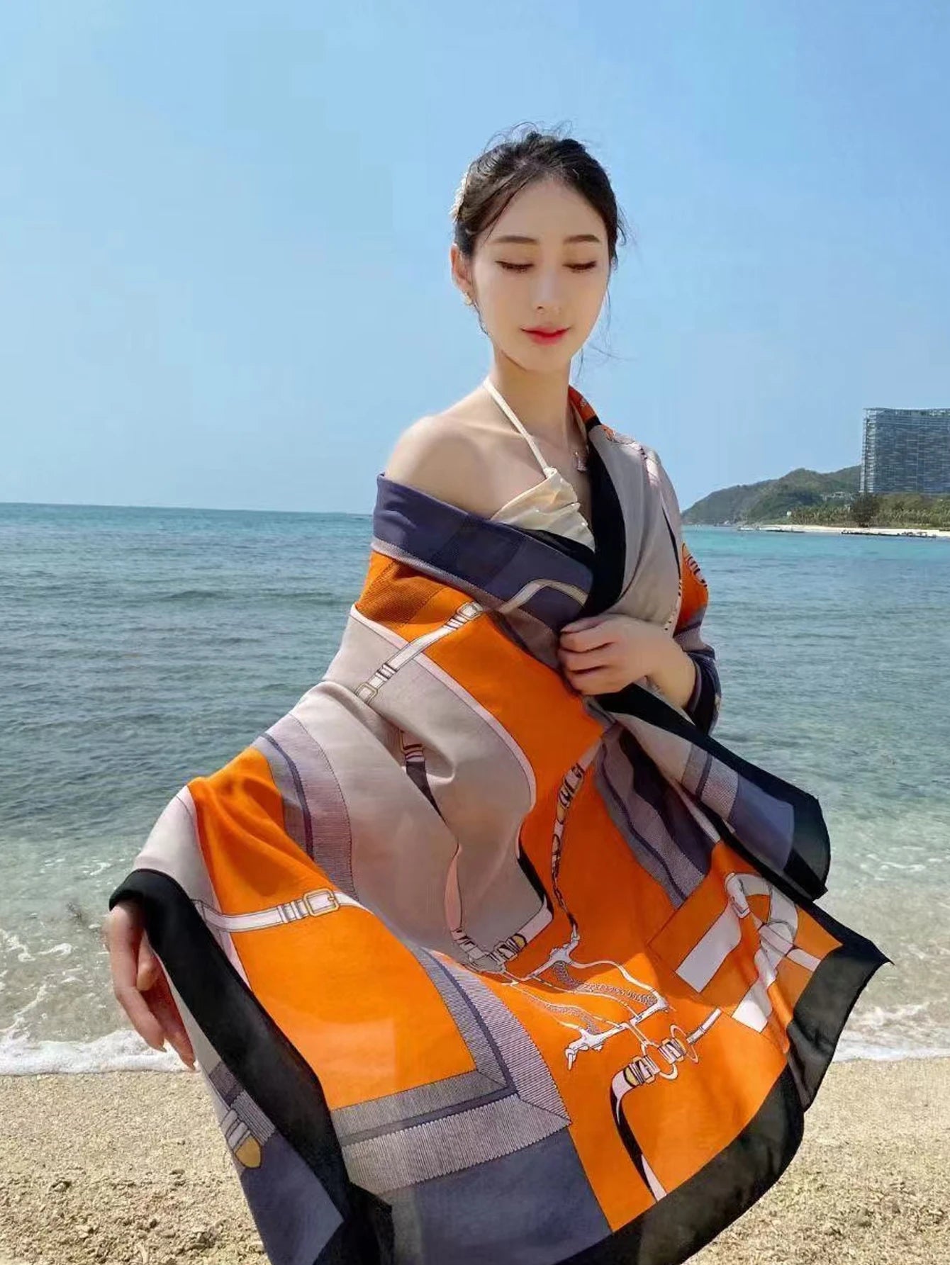 New Silk Long Scarf Women Luxury Shawls Design Sunscreen Outdoor Beach Towel Large Shawl Plain Soft Turban Headband Shawl Beach