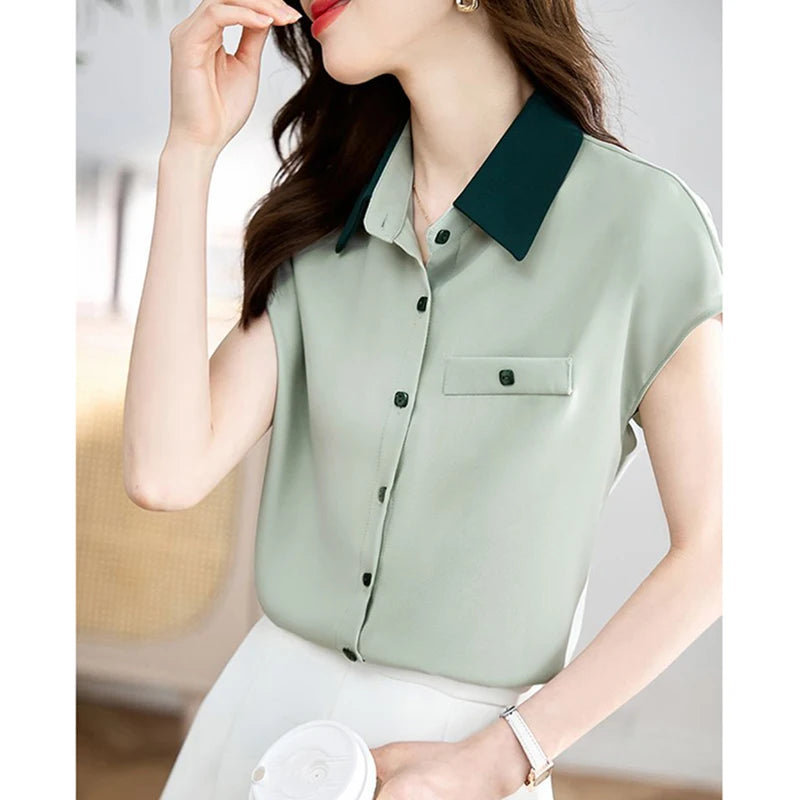 Elegant Lapel Button Spliced All-match Shirt Women's Clothing 2025 Summer New Loose Casual Tops Short Sleeve Office Lady Blouse