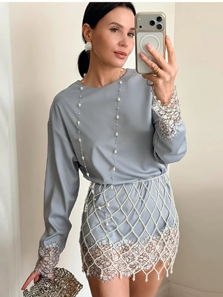 Elegant Modest Blouse Designers Satin Lace Retro Women Tops Spring Romantic Casual Chic Fashionable Streetwear