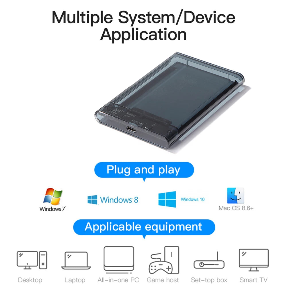 2.5 inch HDD Case SATA To USB3.1  External Hard Drive Case 5 Gbps  SSD Box USB3.0 To Type-C Transparent Black Hard Disk Box