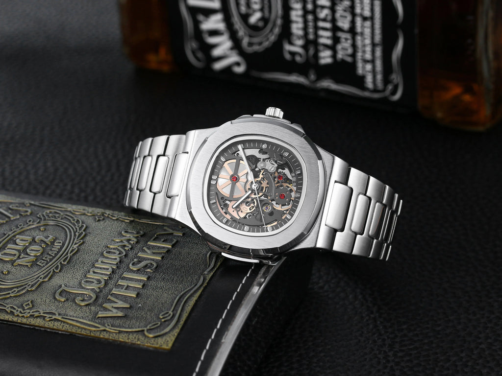 Power Reserve Mechanical Men Wristwatch Skeleton Stainless Steel Powerful Automatic Watches Square Waterproof Hand Clock Gift