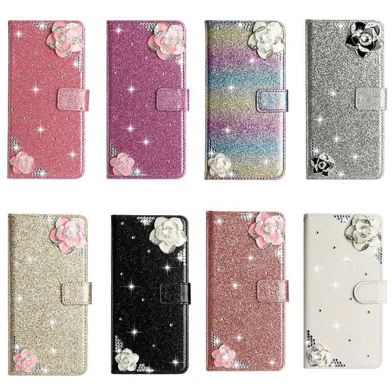 Flash Drill Small Flower Wallet Luxury Glitter Case For iPhone 17 ProMax Air 16 E Pro 15 14 Plus 13 12 Mini 11 Pro Max Cover