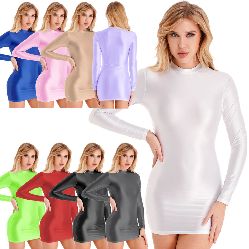 Women's  Solid Color Smooth Stretchy Mock Neck Tight Party Dresses Female Dresses Glossy Long Sleeve Bodycon Dress Nightwear