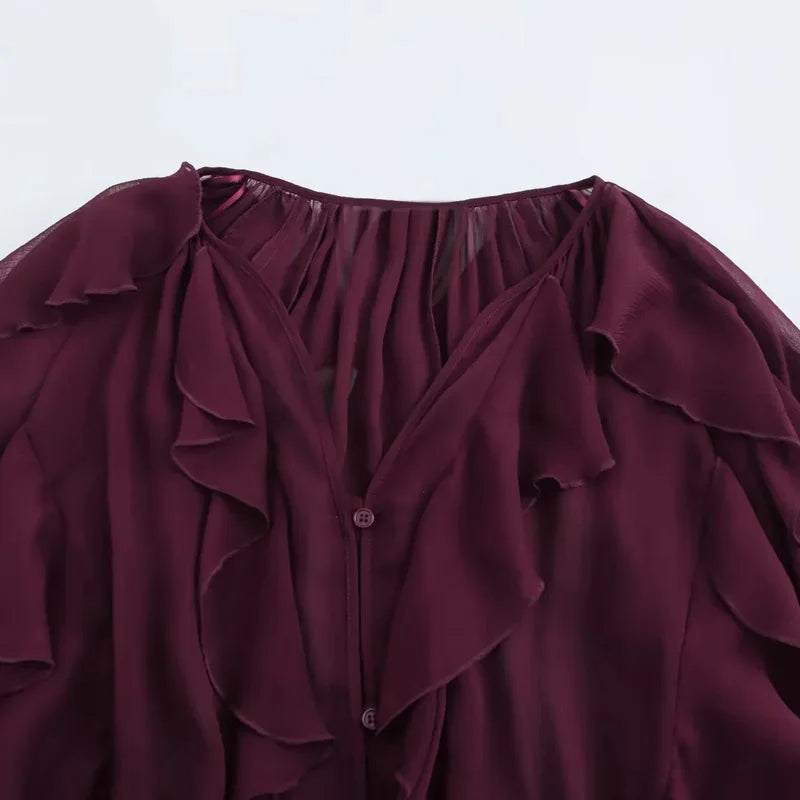 HXAO 2025 Shirts & Blouses Ruffle Elegant Women's Shirt Spring Long Sleeve Plain Shirts Women Semi Transparent Blouses For Lady