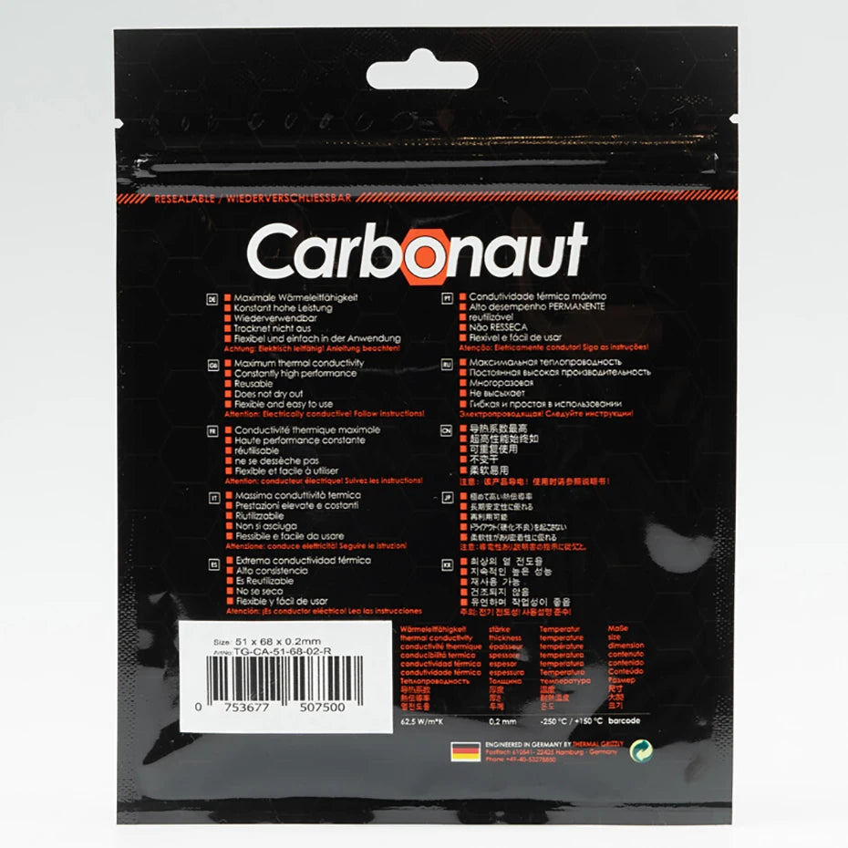 Thermal Grizzly Carbonaut 62.5W/mk Thermal Pad Reusable High Thermal Conductivity CPU/GPU Motherboard Heat Silicone Pad