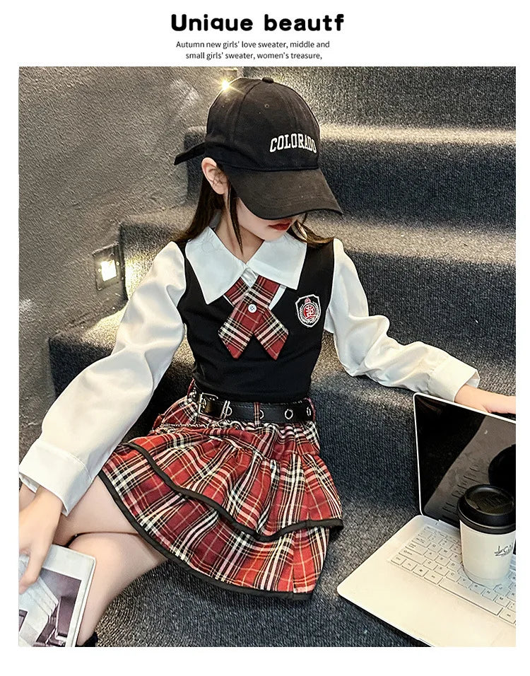 junior girls JK clothes Set Child Internet Celebrity Street Uniform suit Splicing shirt+checkered cake skirt+belt kids outfits