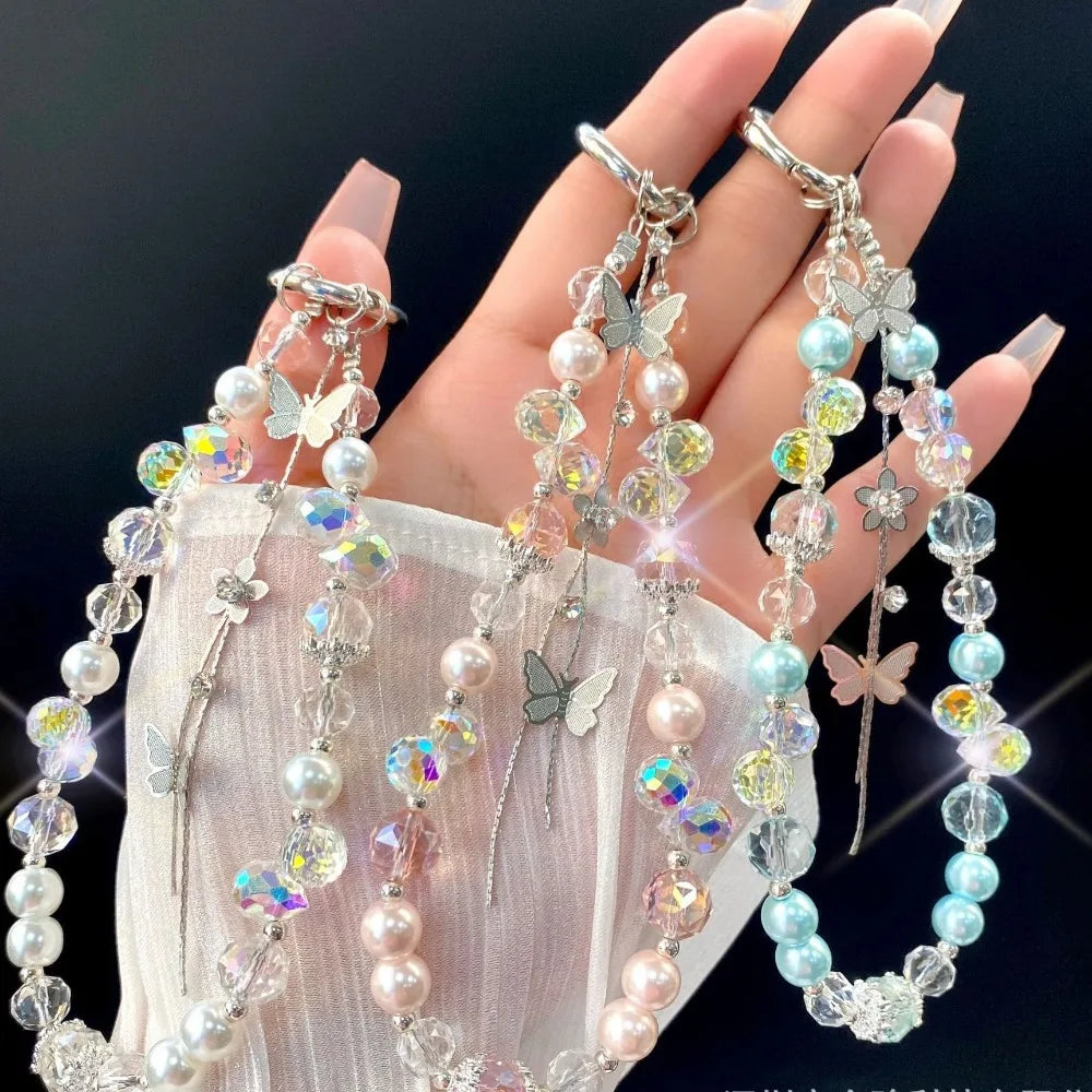 Luxury Sparkle Butterfly Rhinestone Bead Phone Bracelet Strap Charm Chain Knot Cellphone Lanyard Keychain Bag Camera Keychain Pe