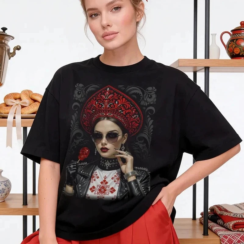 "Russian Girl" Graphic Oversized T-Shirt Modern Folk Art Print Soft Cotton Casual Tee Fashion Streetwear High Quality Summer Top