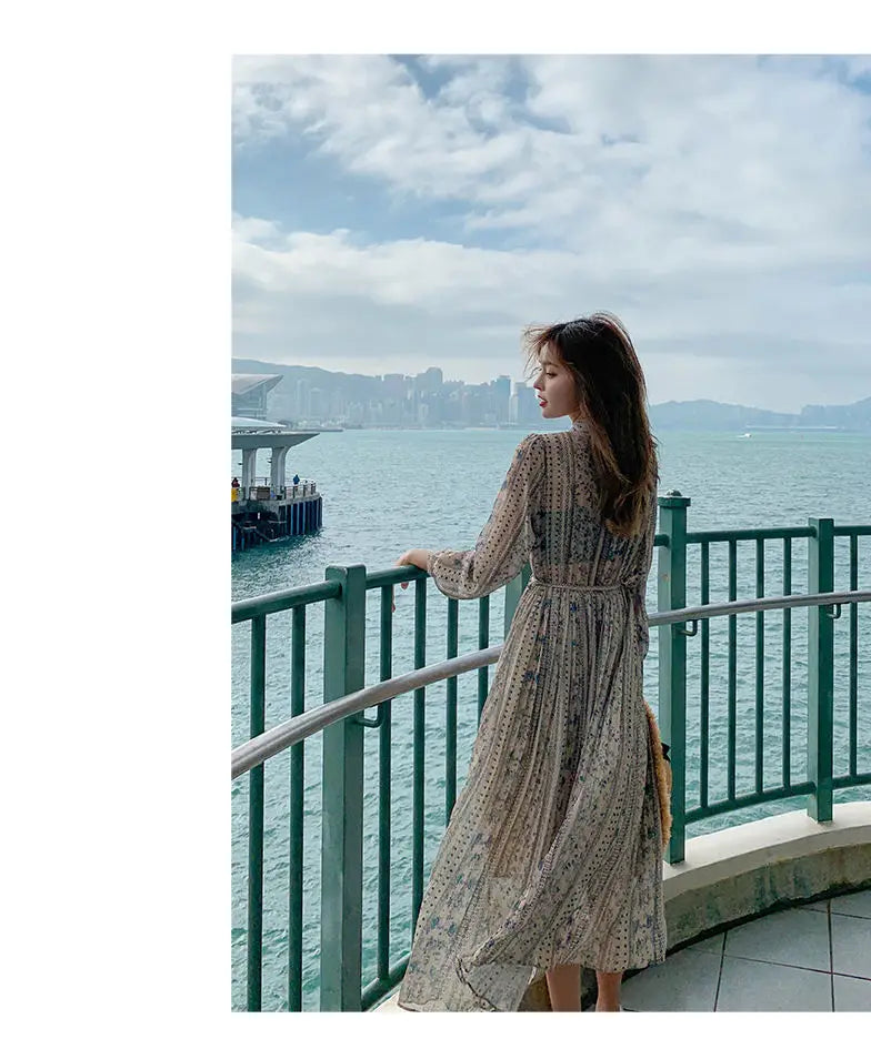 Retro Dress Spring Summer Long Sleeve Floral Chiffon High Waist Court Over Knee Popular Inside Women's Dress 2022Vestidos Office