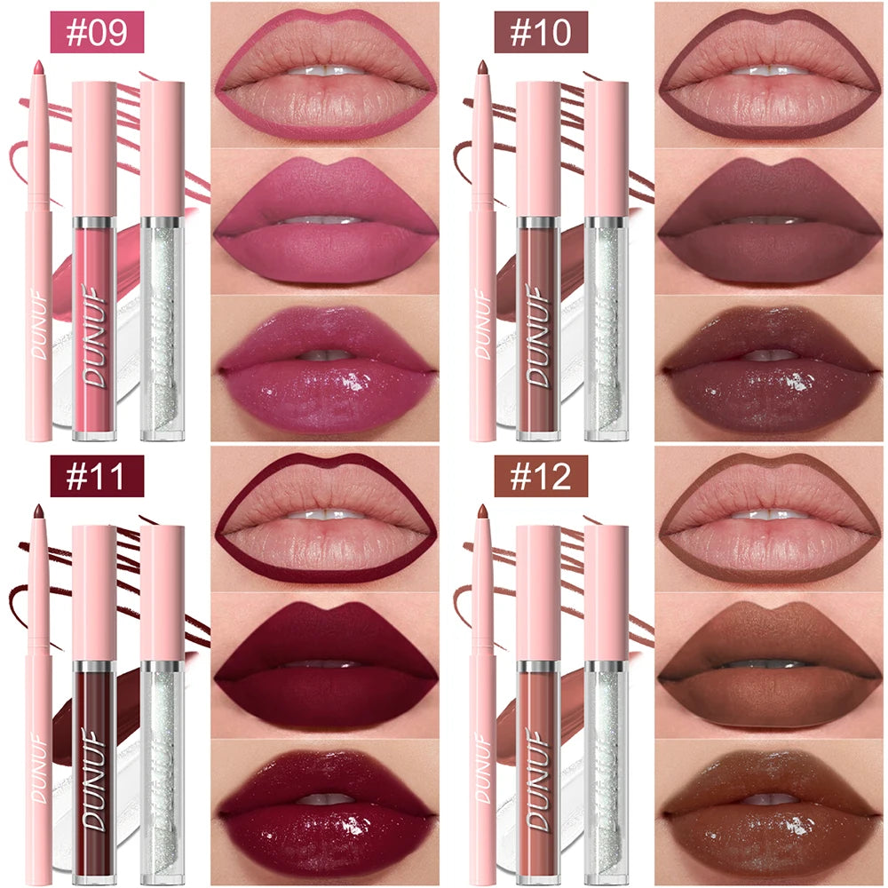 Matte Lip Liner Lip Gloss Lip Oil Set, 3-in-1 Waterproof Non-sticky Long-Lasting Lipstick, Nude Deep Red Mauve, Christmas Makeup