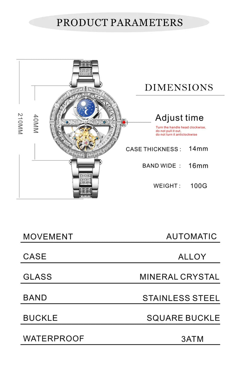 Luxury Women's Waterproof Skeleton Tourbillon Mechanical Watches Night Glow Beauty Elegant Mechanical Watch For Women