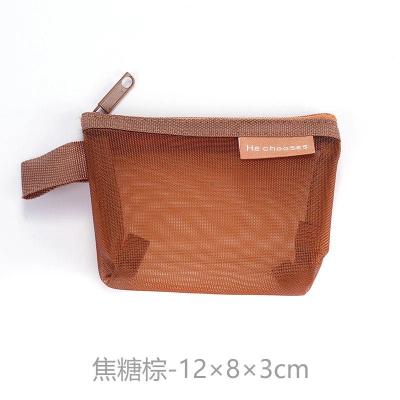 Mini Clear Nylon Mesh zipper Cosmetic Bags Cute Women Small Lipstick Makeup Bags Pouch Data Line Key Earphone Organizer Case