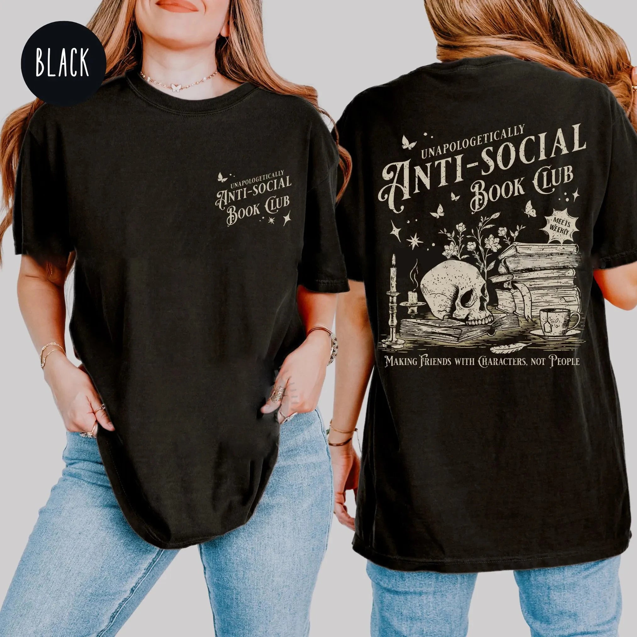 Vintage Anti-social Book Club 2 Sided Comfort T-Shirt for Introverted Romance Reader Distressed Tee Trendy Casual Streetwear