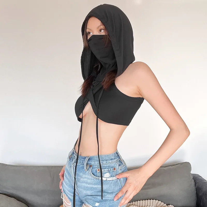 Summer Fashion Trend Solid Colour Y2k Tops New Casual Hooded Lace-Up Crop Top Sexy Slim High Neck Sleeveless Women Clothing