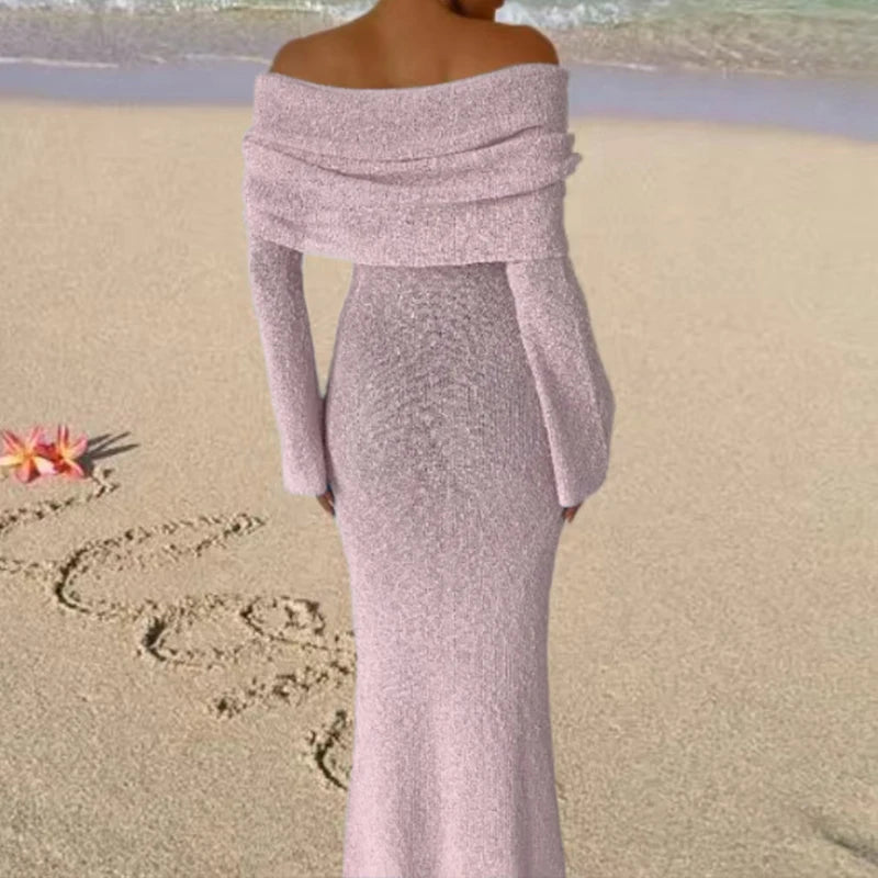 Fashion Style Knitted One-Shoulder See-Through Beachwear Cover Up Women's Beach Vacation Sunscreen Dress Elegant Long Dress