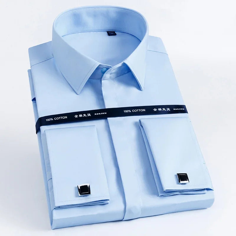 2026 Iron Free French Cufflink Long Sleeves Slim Fit 100% Cotton  Men's Concealed Buttons Solid Color High-end Wedding Dress