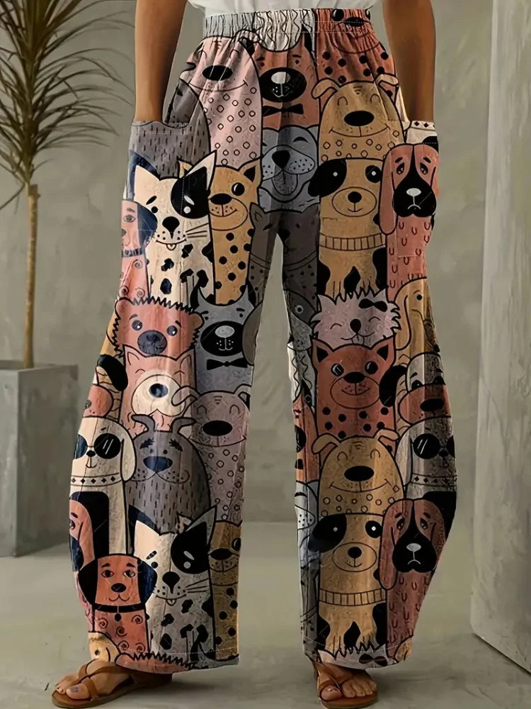 Loose Vintage Pants For Women Have Pocket Pants Cartoon New Fun Cat Animal Print Casual Women's Bloomers And Trendy Pants