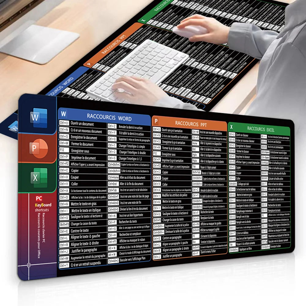 French Excel Shortcuts Mouse Pad Large Extended Office Computer Desk Mat Big Keyboard Mousepad With Stitched Edge Non-Slip Base