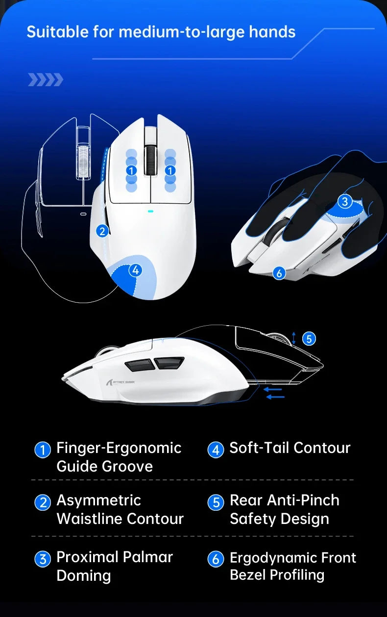 V6 ATTACK SHARK 25000DPI Wireless Mouse,Bluetooth Tri-Mode Connection,Touch Magnetic Charging Base , Macro Gaming Mouse
