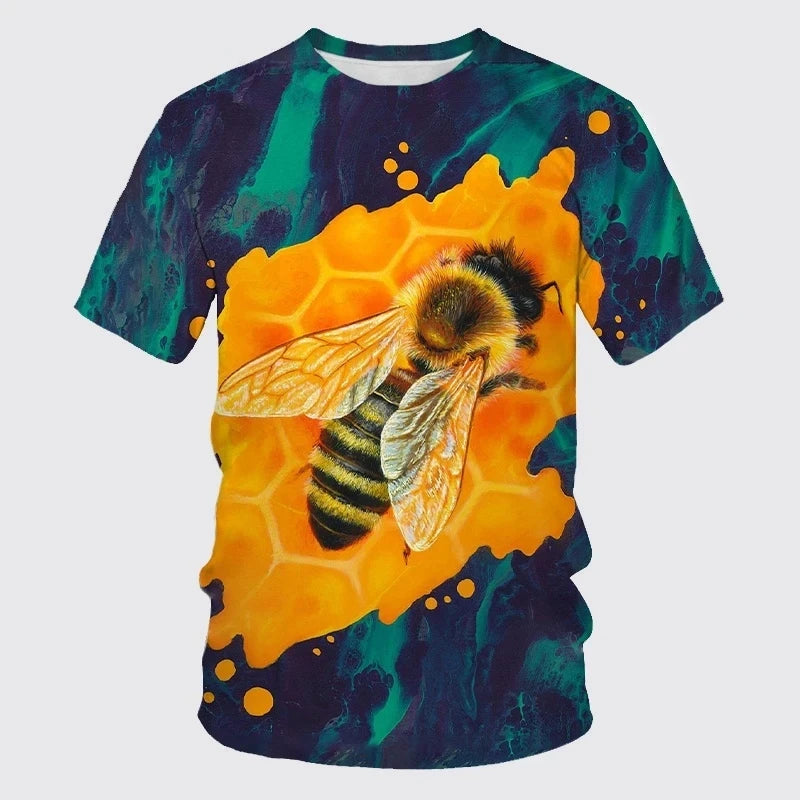 Summer New Casual Bee Pattern Men's Printed T-shirt Street Pop Hip Hop Personalized Round Neck Comfortable Short Sleeve