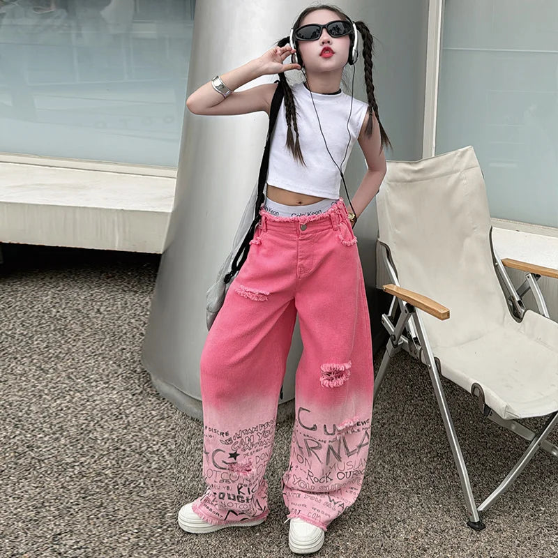 junior girls pink gradient color hole wide leg jeans cotton teenager kids Mop pants pant children trousers adolecentes 4 12 14