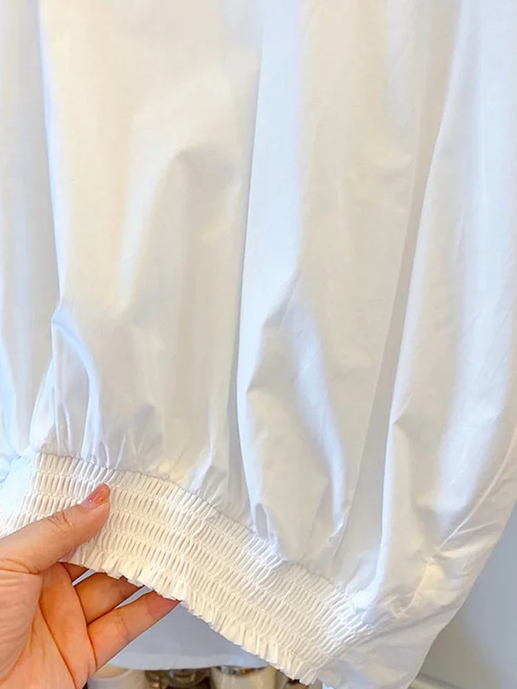 Woherb Cotton Asymmetrical Crop Blouse Women Korean Pleated Bow Bandage Shirt Casual O-neck Solid Elegant Blusas Mujer Moda 2026
