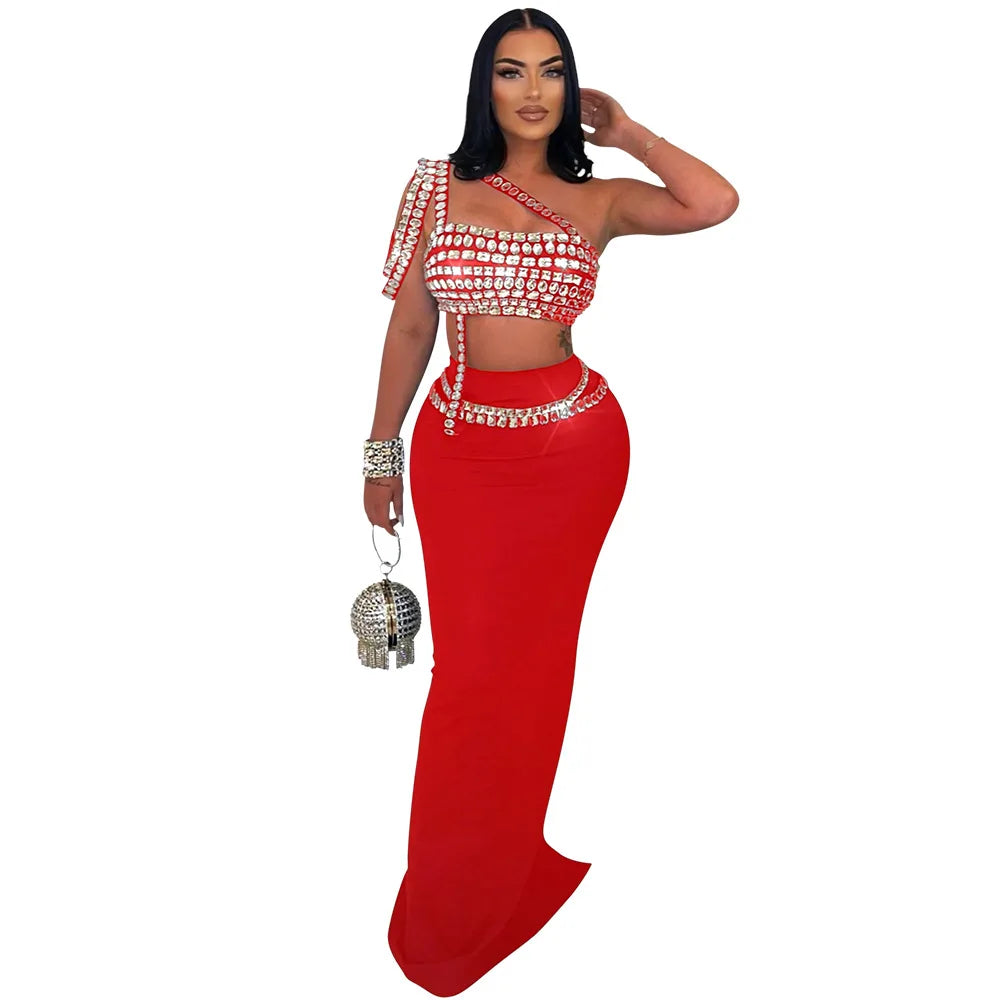 Women Dress Sets Floor Length Buttocks Skirts Two Pieces Set Matching Sets Diamonds Camisole High Street Party Night Evening