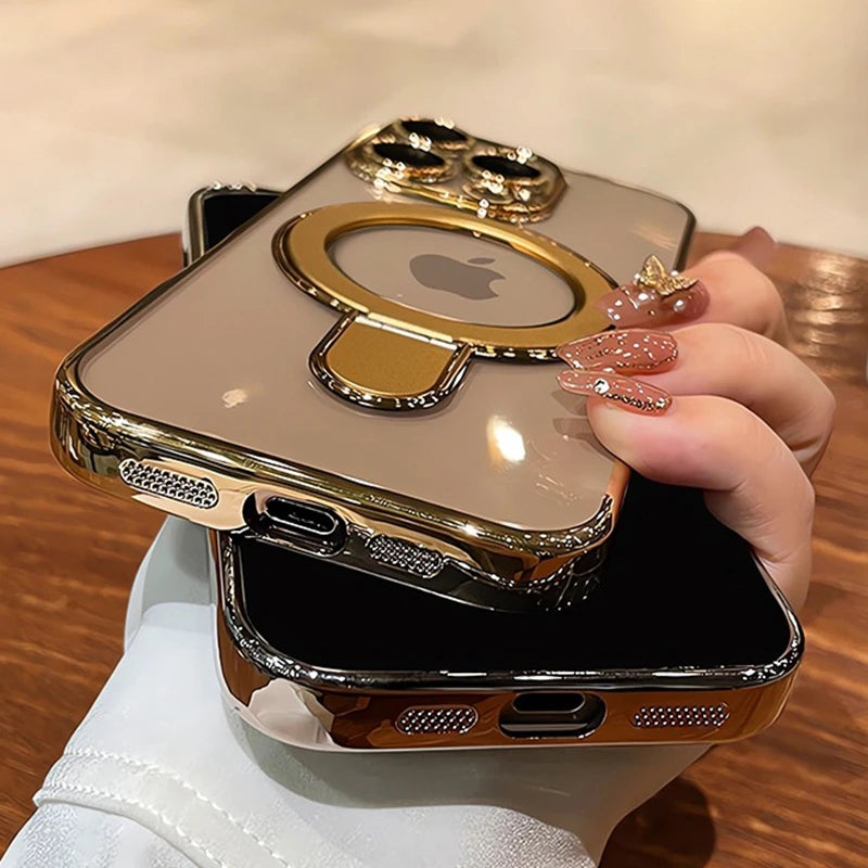 for Magsafe Bracket Plating Case for iPhone 16 15 14 Pro Max Plus 13 12 Magnetic Stand Ring Holder Transparent Shockproof Cover