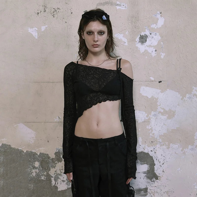 Asymmetrical T Shirts For Women Y2k Clothes Off Shoulder Sexy Streetwear Long Sleeve Crop Top Lace-up Camisetas Ropa De Mujer