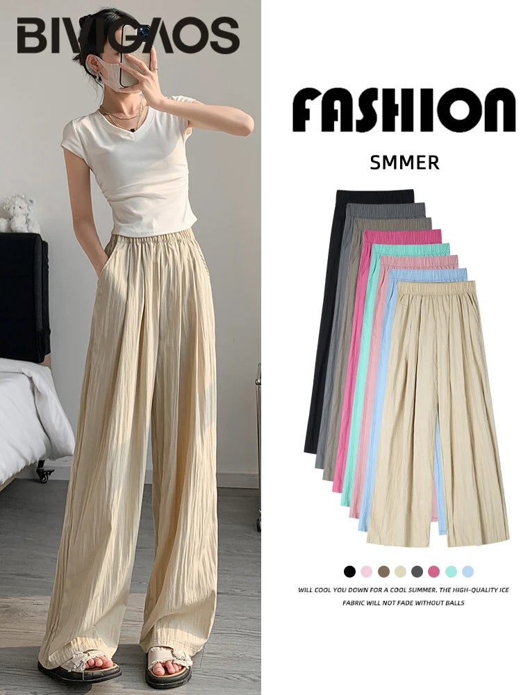 BIVIGAOS Lazy Style Loose Wide Leg Pants Women Summer Coloured Thin Casual Tide Straight Ice Silk Japanese Sunscreen Pants