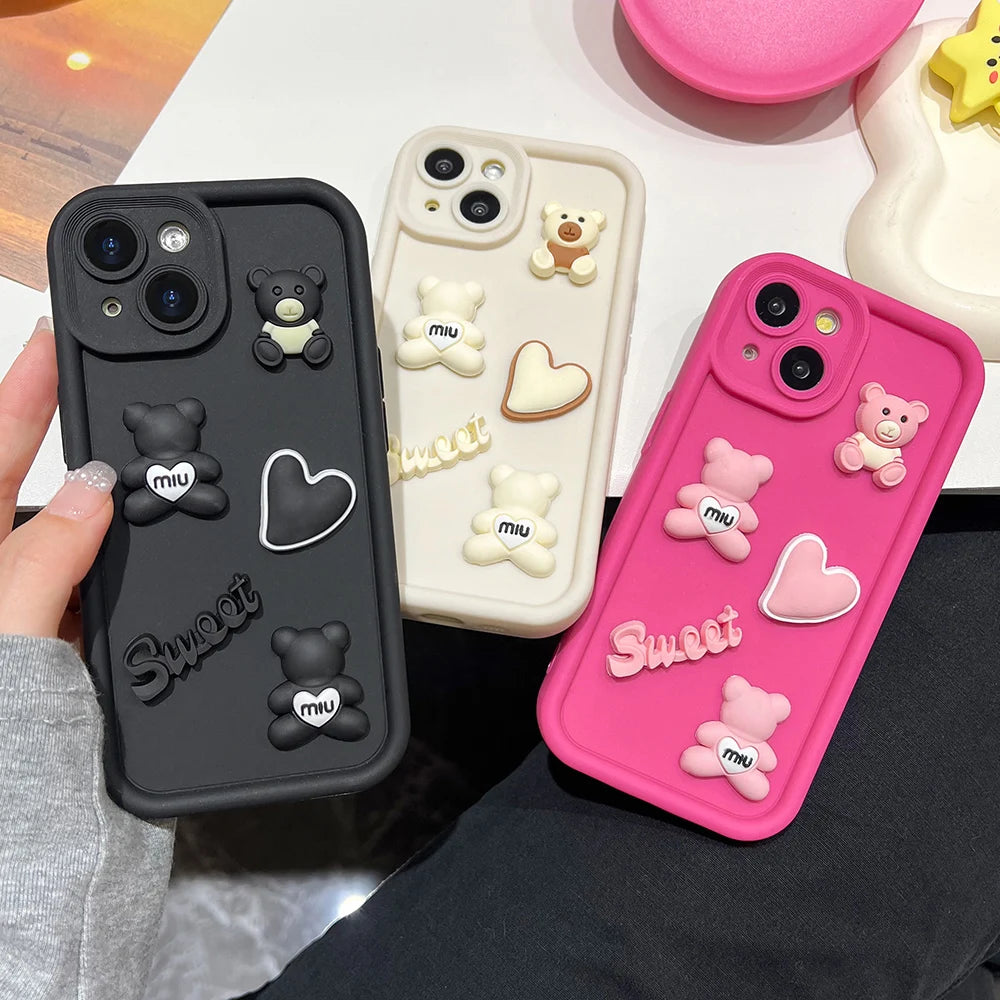 Luxury Cute Bear Phone Case For iPhone 16 Pro Max Funda iPhone 11 13 15 14 12 16 Plus 16promax 15promax 14promax Silicone Covers