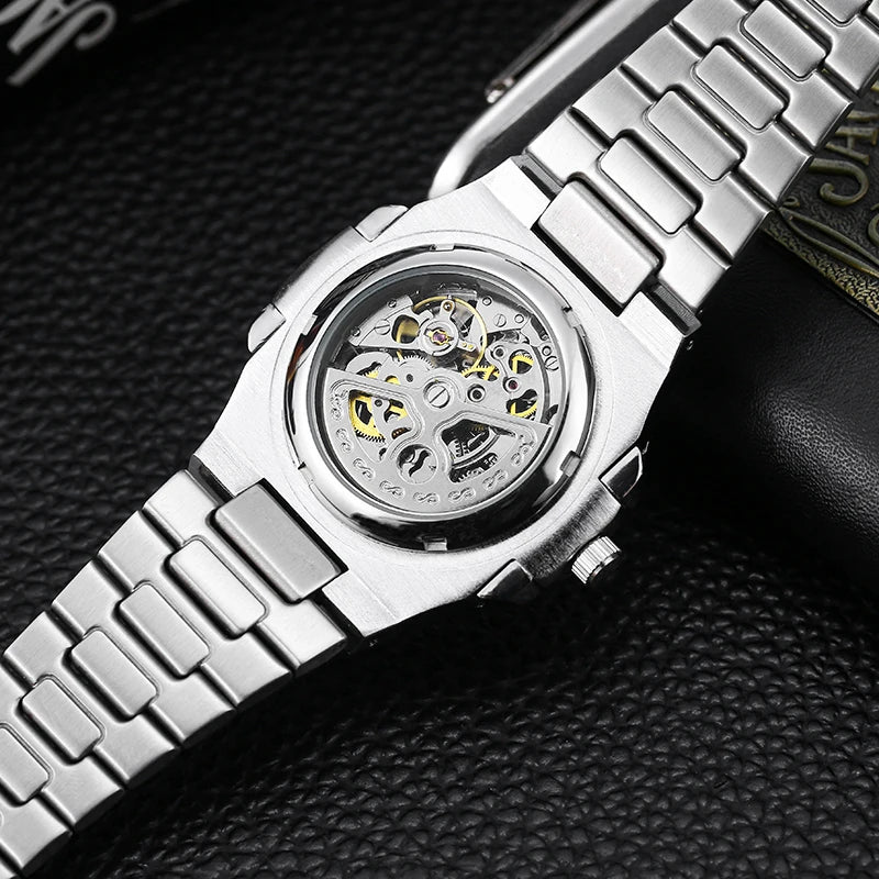 Power Reserve Mechanical Men Wristwatch Skeleton Stainless Steel Powerful Automatic Watches Square Waterproof Hand Clock Gift
