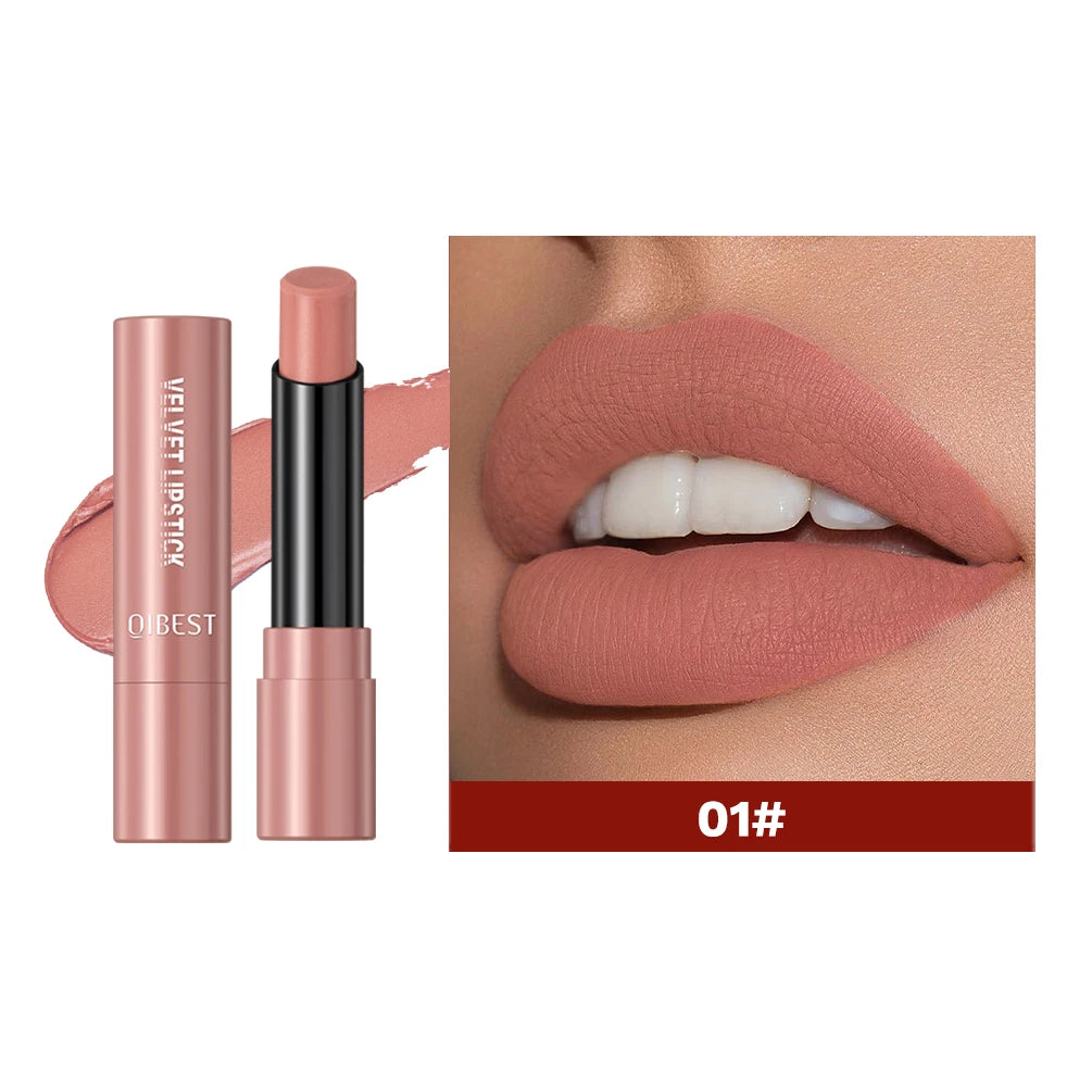 QIBEST Nude Lipstick Matte Lip Gloss High Pigment Makeup Classic Sexy Lipgloss Non-Stick Cup Long Lasting Red Lip Tint Cosmetics
