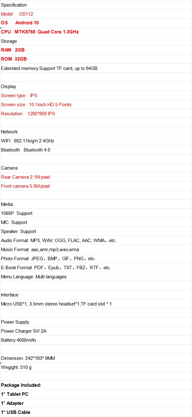 10.1 INCH RAM 2GB ROM 32GB Android 10 Tablet PC GS112 MTK8765  Quad Core 1.3GHz  WIFI Dual Camera 1280*800 IPS Screen