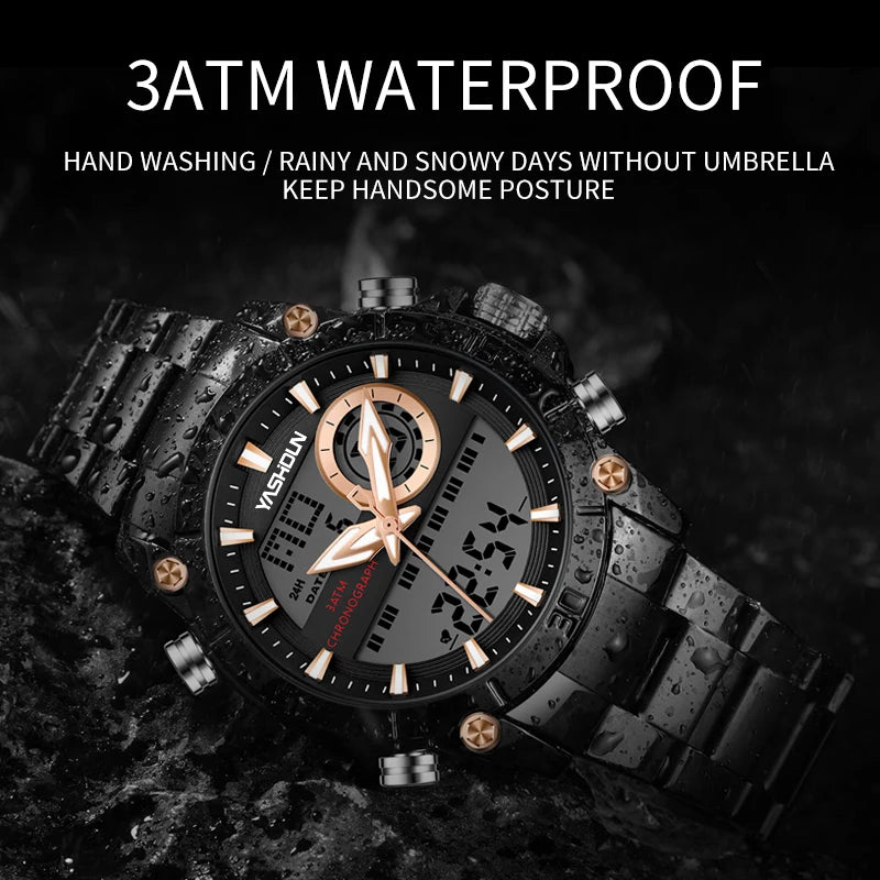 Multi-functional sports men's watch with dual movement electronic steel band luminous waterproof quartz wristwatch