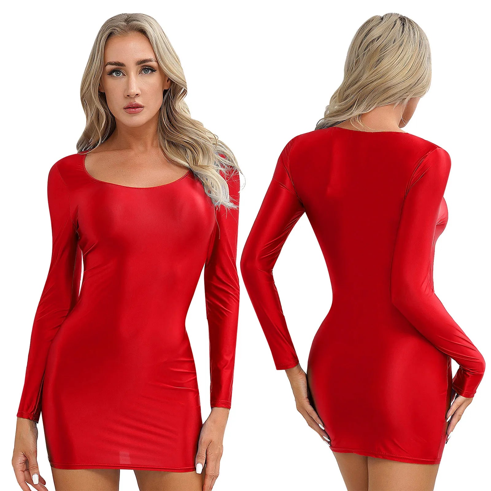 Women's  Solid Color Smooth Stretchy Mock Neck Tight Party Dresses Female Dresses Glossy Long Sleeve Bodycon Dress Nightwear