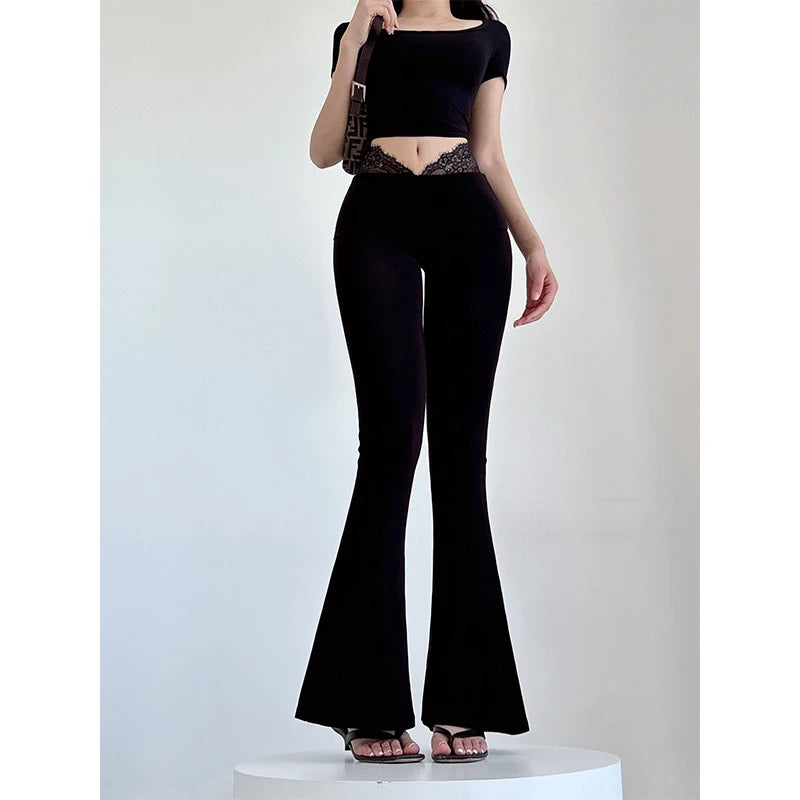 Pure Desire Lace Patchwork V-waist Slim Micro Flared Pants High Waist Slim Thin Long Pants For Summer Women Sweet Women ZRC7