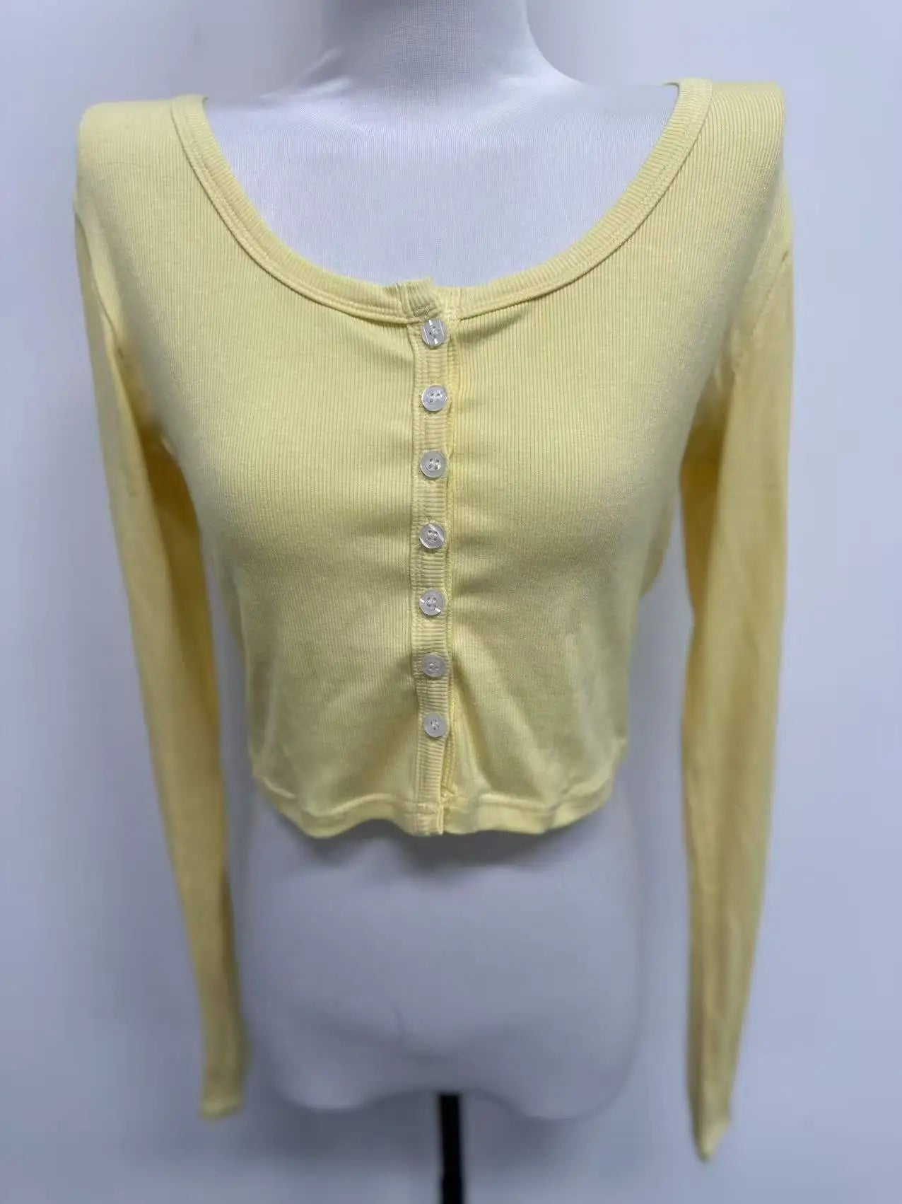 Single Breasted Tshirt Long Sleeve Crop Top Solid Color T Shirts For Women Streetwear Slim Fit Lady Outfit Camisetas Ropa Mujer
