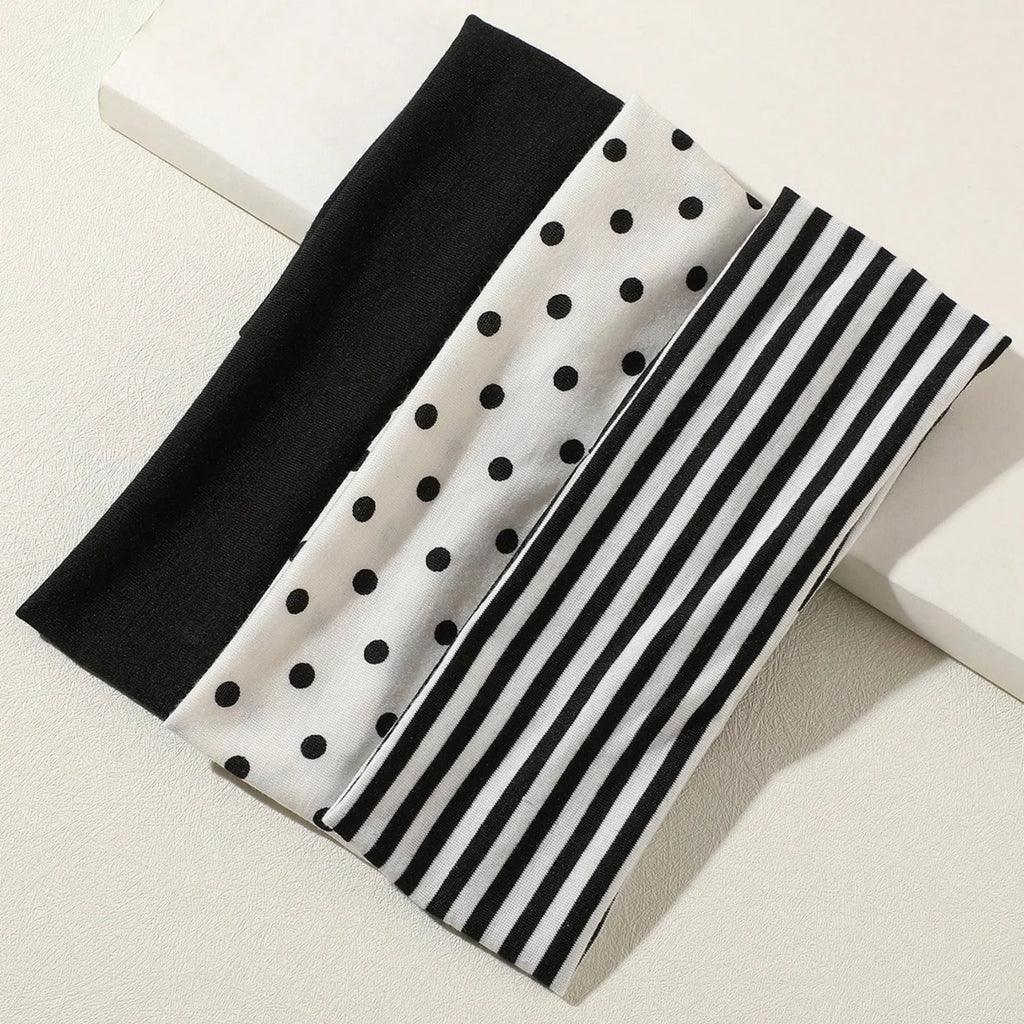 3Pcs Black & White Polka Dot Striped Elastic Headbands For Women Soft Stretchy Hair Accessory For Yoga Fitness Travel Daily Life