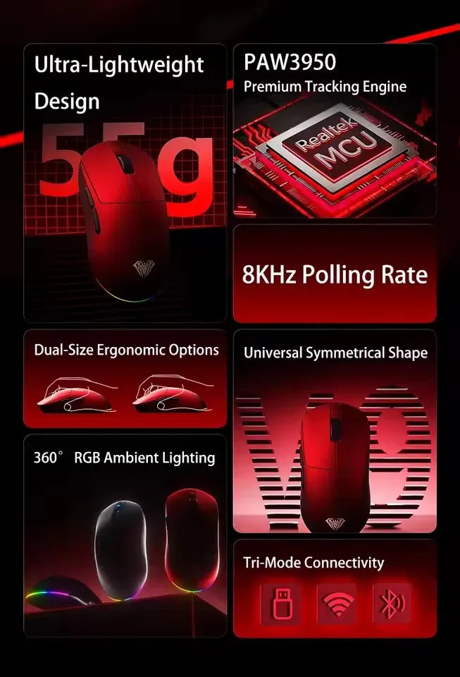 AULA V9 Ultra Wireless Mouse Tri Mode Wireless 8K Paw3950 Esports Gaming Lightweight Low Latency Mouse Custom for PC Accessories
