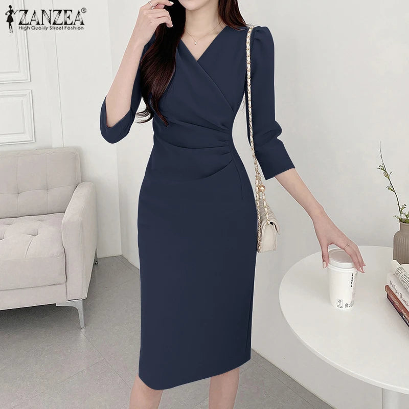 ZANZEA Autumn Women Elegant V Neck Bodycon Dress Ladies Party Club Dresses Fashion Work OL Vestidos 2024 Spring Women's Clothing