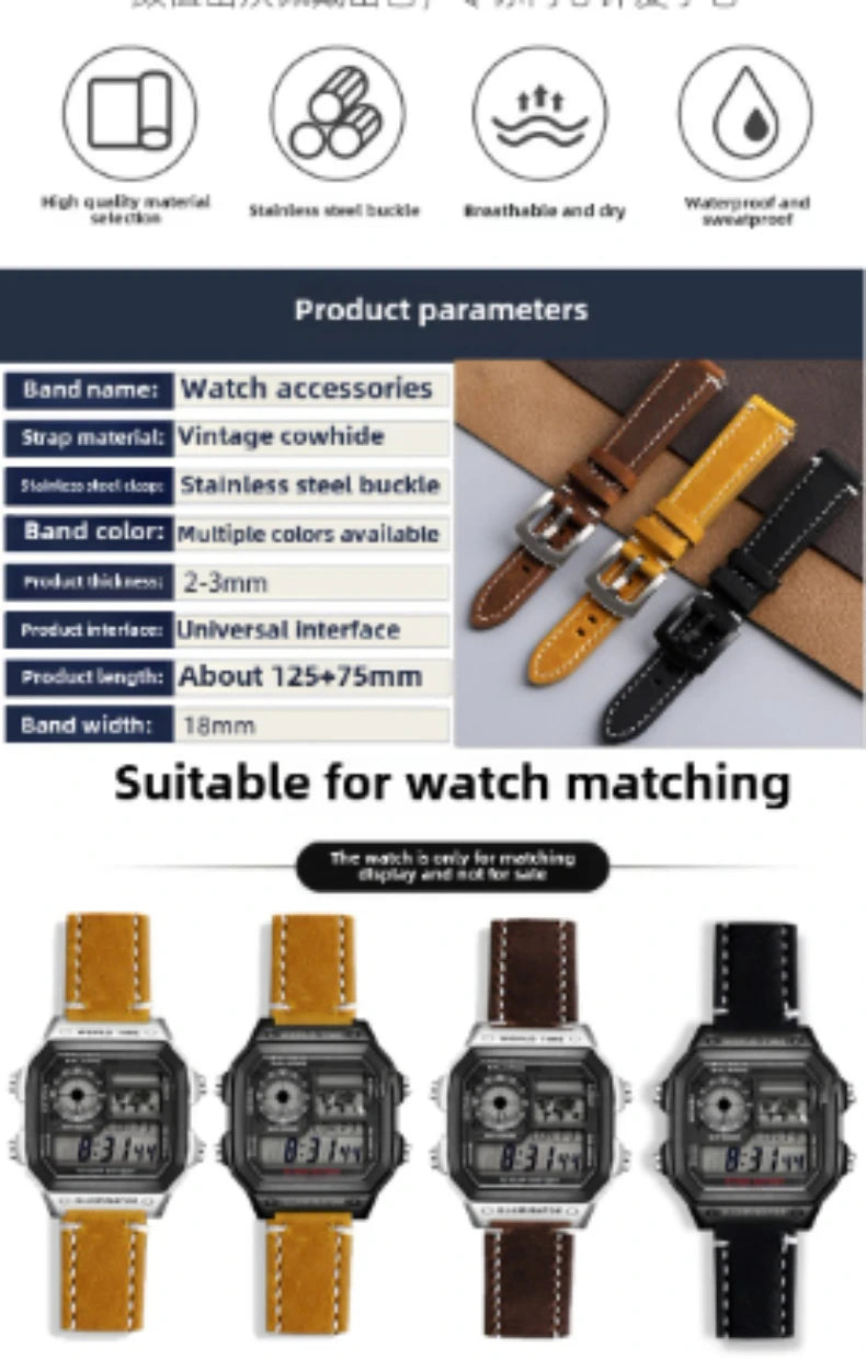 Cowhide Watchband For Casio A158 A168 f91w AE-1200WHD/A159/A169 AE1200 Watch Strap Quick release Soft Bracelet men accessories