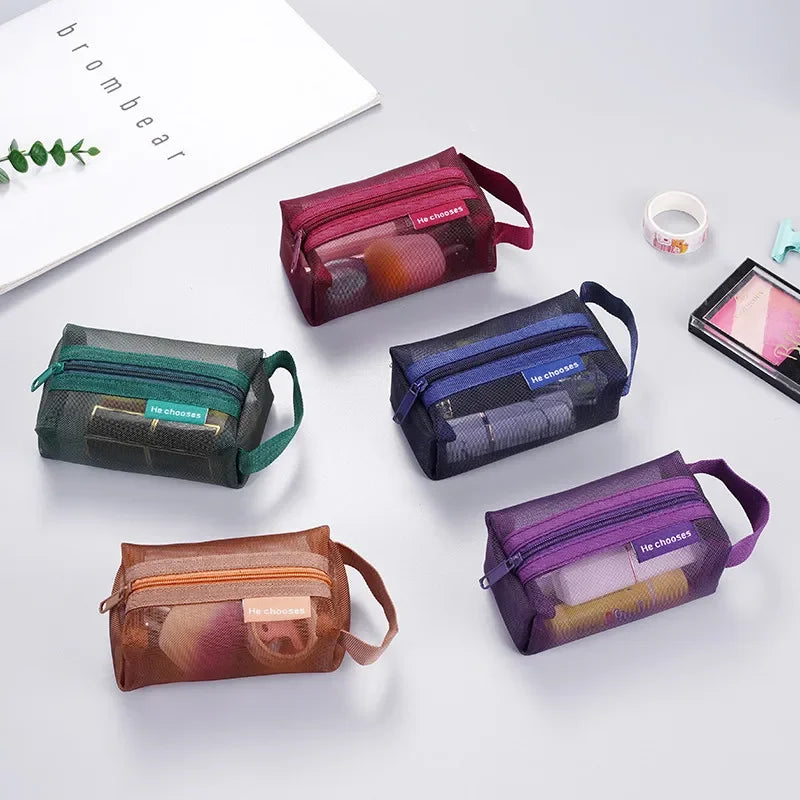 Mini Clear Nylon Mesh zipper Cosmetic Bags Cute Women Small Lipstick Makeup Bags Pouch Data Line Key Earphone Organizer Case