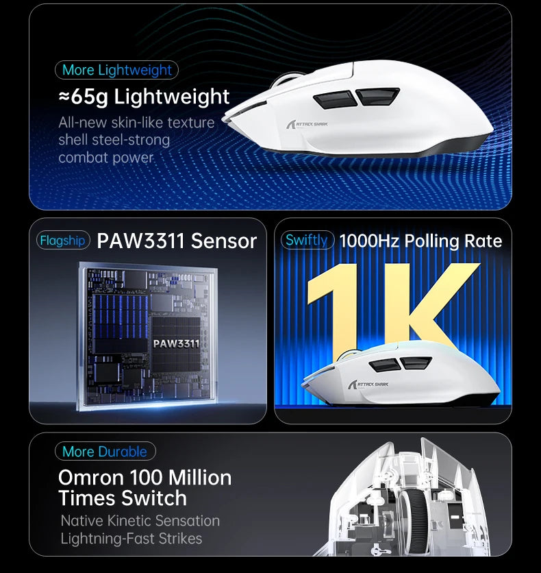 V6 ATTACK SHARK 25000DPI Wireless Mouse,Bluetooth Tri-Mode Connection,Touch Magnetic Charging Base , Macro Gaming Mouse